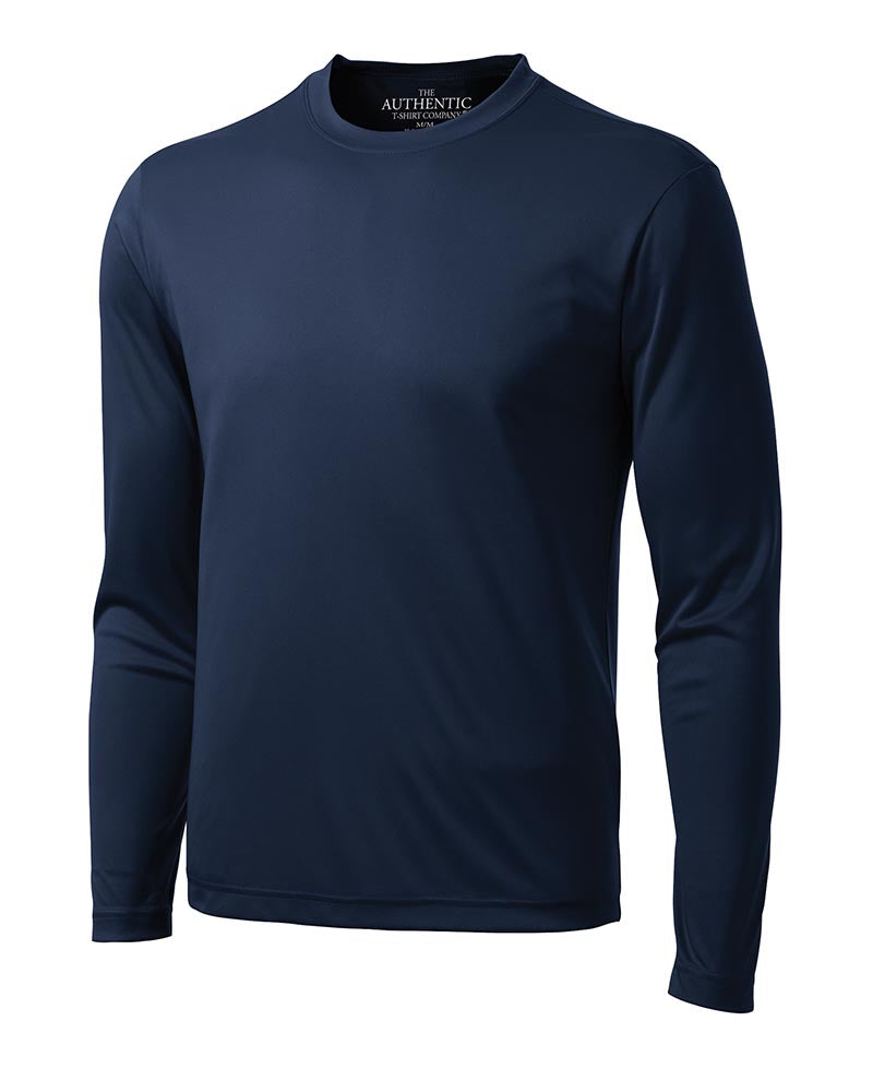 Front of long sleeve navy dry-wick shirt.