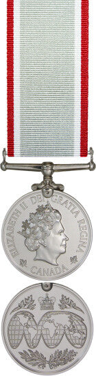 Front and back face of the silver operational service medal, also shown is the red, white, and silver expidition ribbon.