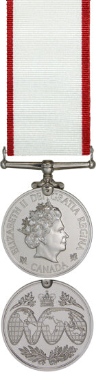 Front and back face of the silver operational service medal, also shown is the red and Humanitas ribbon.