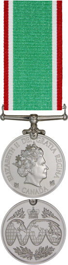 Front and back face of the silver operational service medal, also shown is the red, white, and green Sierra Leone ribbon.
