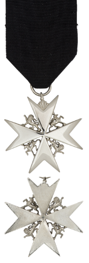 Front and back face of the silver Order of St. John medal, also shown is the black ribbon.