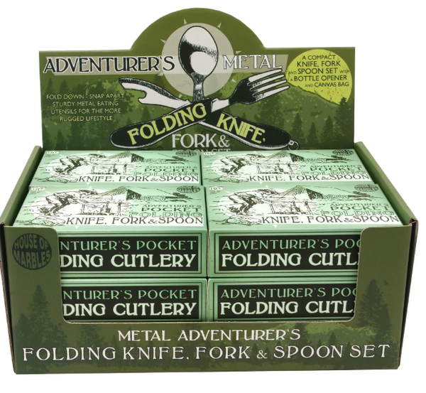 "Adventurer's MEtal Folding Knife, Fork, and Spoon Set" green packaging.