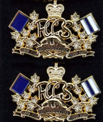 Pair of gold collar dogs with the new RCCS uniform crest on it.