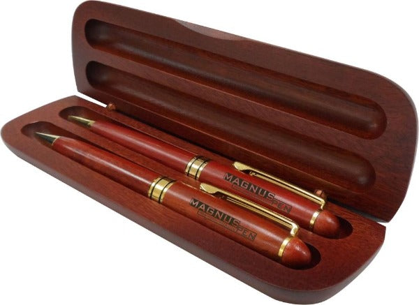 Rosewood wood pen case with pen and pencil.