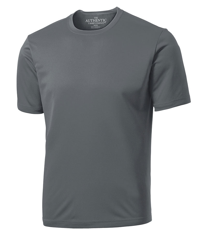Front of grey dry-wick short sleever shirt for men.