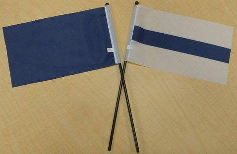 Set of semaphore flags. One navy blue, one white with navy blue stripe.