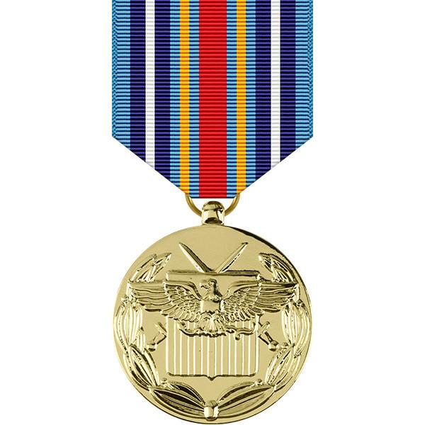 Front face of the gold War on terrorisn medal, also shown is the light blue, dark blue, white, gold, and red ribbon.