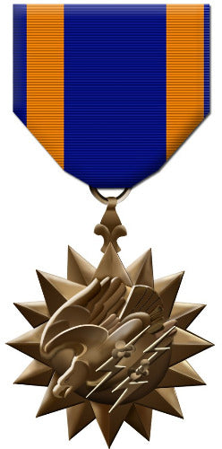Front face of the bronze Air Medal, also shown is the blue and gold ribbon.