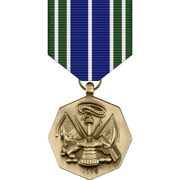 Front face of the bronze army achievement medal, also featured is the green, white and blue ribbon.