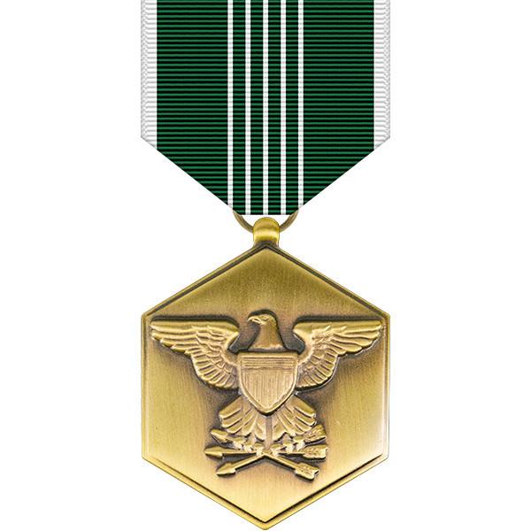 Front face of the bronze army commendation medal, also featured is the white and green ribbon.
