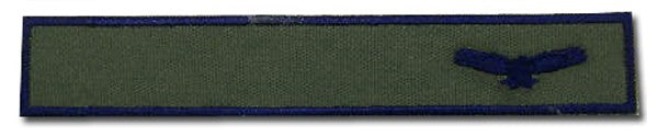 Green name tag with blue embroidered oarders and a blue emboridered eagle.