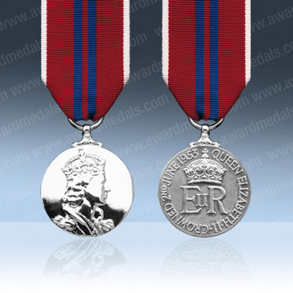 Front and back face of the silver Queen Elizabeth II Coronation Medal 1953, also shown is the white, red and blue ribbon.