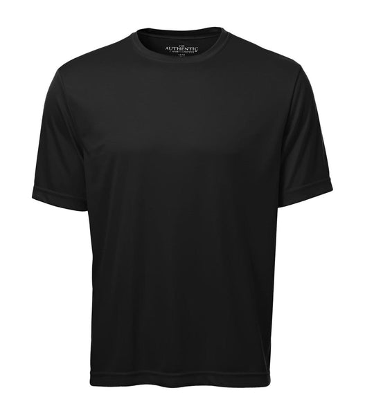 Front of black dry-wick short sleeved shirt.