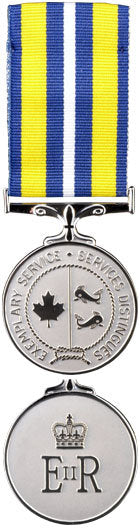 Front and back face of the Canadian Coast Guard Exemplary Service Medal, also sown is the blue, yellow and white ribbon.