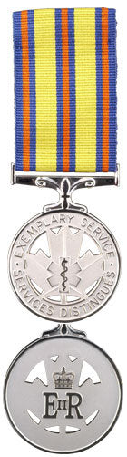 Front and back face of the silver Emergency Medical Services Exemplary Service Medal, also featured is the blue orange and yellow ribbon.