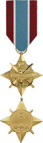 Front and back face of the gold General Campaing Star medal. The red, blue and white ribbon for the Allied Forces mission.