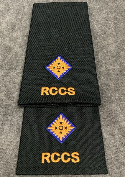 Slip-on with gold RCCS embroidered text and embroidered Second Lieutenant rank.