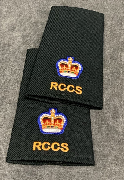 Slip-on with gold RCCS embroidered text and embroidered Major rank.
