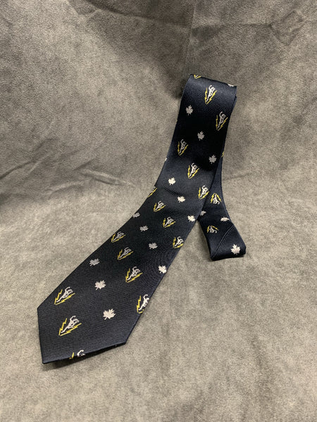 Blue tie with Mercury (Jimmy) with lightning bolts and silver maple leafs.
