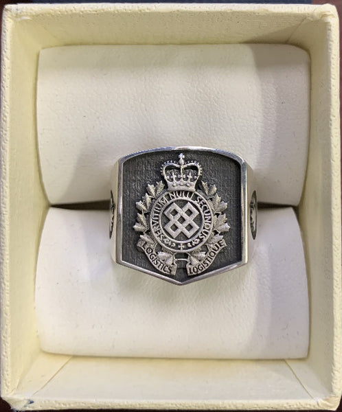 Silver square ring with the Canadian Logisitcs branch logo and maple pleaf shoulders.