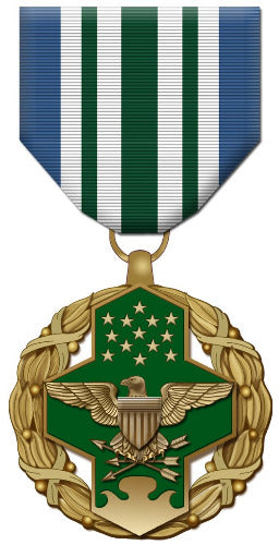 Front face of the gold and green US joint service commendation medal, also shown is the blue, white and green ribbon.