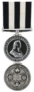 Front and back face of the silver Order of St. John of Jerusalem Service Medal, also shown is the black and white ribbon.