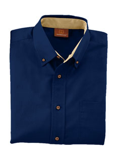 Folded navy shirt showing buttons and collar.
