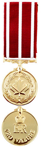 Gold front and back face of the Medal of Military Valour as well as the red and white ribbon.