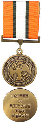 Bronze front andback face for the MFO medal, with orange, black and white ribbon shown.