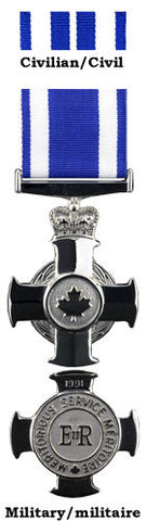 Silver front and back face of the Meritorious service cross. Also shown are the blue and  white ribbons for military and civilian wear. The civilian ribbon has a thin silver line between the thick white lines, where the military one does not.
