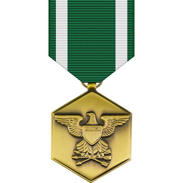 Front face of the bronze Navy and marine corps commendation medal, also shown is the green and white ribbon.