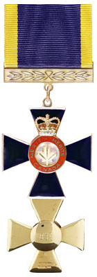 Front and back face of the blue, red and gold Officer of the Order of Military Merit, medal also shown is the gold and blue ribbon. 