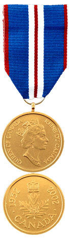 Front and back face of the gold queen elizabeth golden jubilee medal, also shown is the red, blue and white ribbon.