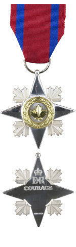 Front and back face of the silver and gold Star of Courage with the red and blue ribbon.