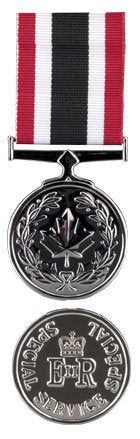 Front and back face of the silver Special Service Medal, also shown is the red, white and black ribbon.