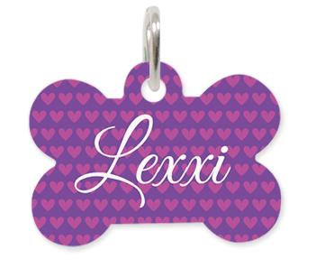 Bone shapped tag with pink hearts over a purple background and text "Lexxi"
