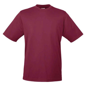 Front of maroon dry-wick short sleeved shirt.