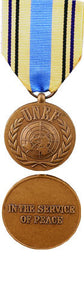 Bronze front and back face of the UNEF medal, also shown is the yellow, dark blue and light blue ribbon.