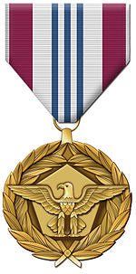 Front face of the bronze US Defense meritorious service medal, also shown is the white, red, and bue ribbon.