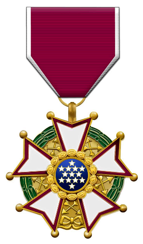 Front face of the colourfull Legion of Merit medal, also featured is the white and red ribbon.