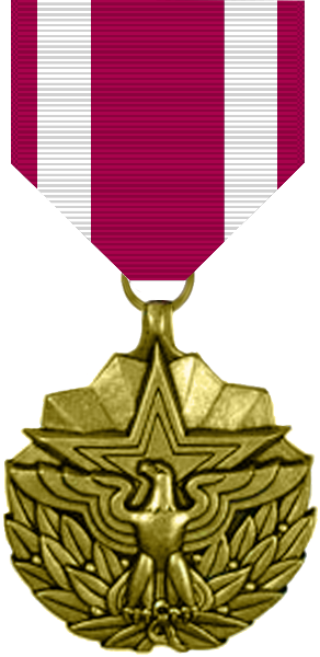Front face of the US MSM medal, also shown is the red and white ribbon