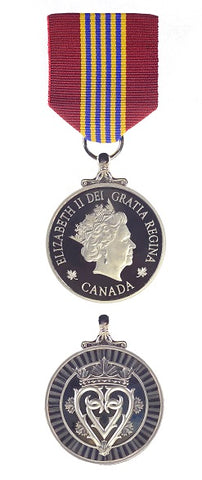 Front and back face of the silver sovereign's medal for volunters, also featured is the burgundy, gold and blue ribbon.