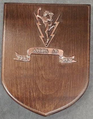 Shield shaped plaque with Mercury and lightning bolts